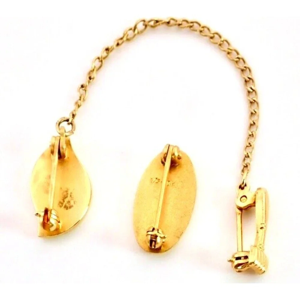 Gold Cross 10K 1/5 Leaf Tie Tack Set of 2 with Gold Tone Cross Leaf with Chain